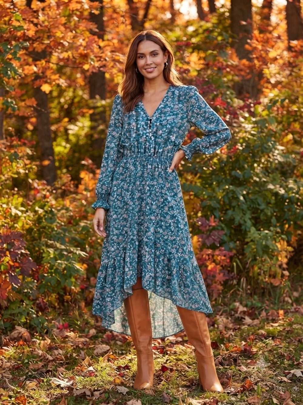 1. State Floral Long-Sleeve High-Low Dress